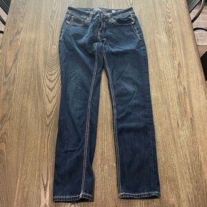Miss Me Easy Skinny Jeans Mid Rise Embroidered Rhinestone Dark Wash Blue Size 27